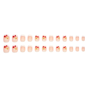 Kit de faux ongles avec motifs cerises et pointes French blanches sur base rose