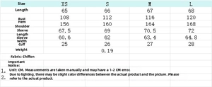 Size chart for women layered chiffon blouse with detailed measurements in centimeters