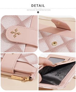 Detail view of pink quilted PU leather wallet with houndstooth fabric and gold cross hardware