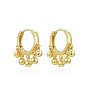 Minimalist gold geometric hoop earrings with five hanging metal bead charms for women