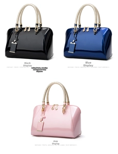 Glossy patent leather handbags in black, blue and pink with golden woven handles