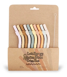 Detailed view of Morandi color silicone straws with brush in BPA-free eco packaging