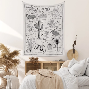 Bohemian black and white desert species tapestry with cactus and animal line art