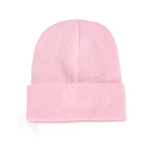 Close-up of pink ribbed knit beanie with turn-up cuff design and soft texture details