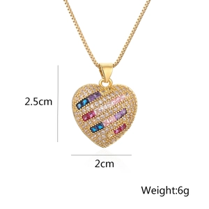 Detailed view of gold plated heart pendant with colorful zircon stones and dimensions