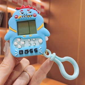 Mini dinosaur handheld game console keychain in sky blue with red fins and clip