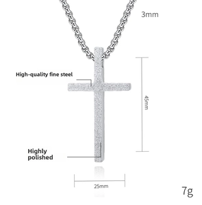 Detailed specs of the matte stainless steel cross pendant with 45mm x 25mm dimensions