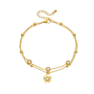 Double-layered gold stainless steel anklet with flower pendant and white pearls decoration