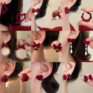 Red velvet bow and pearl stud earring collection for women in vintage aesthetic style