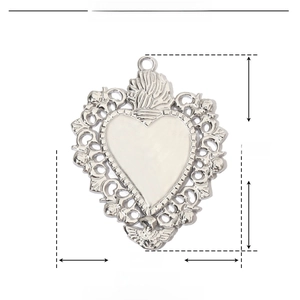Macro view of stainless steel heart pendant showing size parameters and bird relief