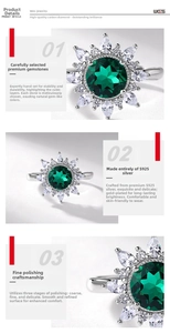 Detail of S925 silver sunflower ring with green gemstone and sparkling diamond petals
