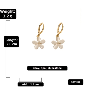 Detailed view of elegant opal flower earrings with rhinestone centers and 2.8cm length