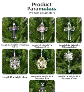 Detailed views of diverse acrylic crystal Christmas ornaments with product dimensions