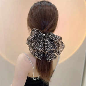 Elegant large leopard print mesh bow hair clip on ponytail for women hair styling