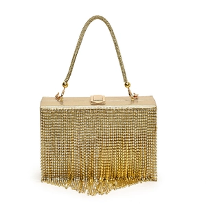 Elegant gold evening clutch bag featuring sparkling rhinestone tassels and a sturdy handle