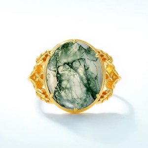 Vintage style 925 silver ring with green moss agate and golden leaf relief patterns