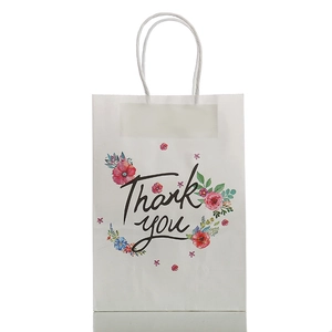 White kraft paper gift bag with floral watercolor pattern and Thank You text for parties
