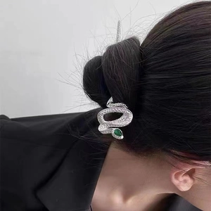 Elegant silver snake hair pin with green teardrop gemstone for classic Chinese hairstyles