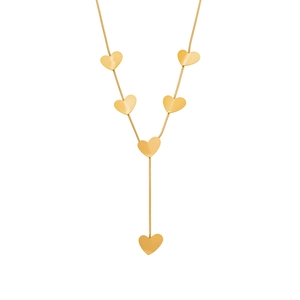 Elegant Y-shaped stainless steel necklace with six heart charms in polished gold finish