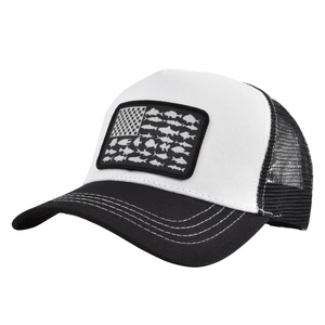 Classic black and white trucker hat with fish flag patch and mesh back design