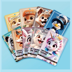 Detailed close-up of cartoon animal facial masks for repairing, soothing and oil control