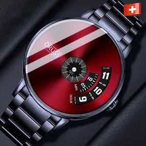 Men's waterproof quartz watch with rotatable red starry dial and black steel strap