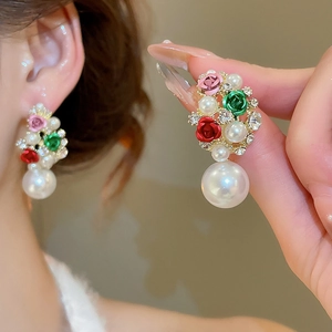 Floral pearl drop earrings with colorful roses and sparkling rhinestones for women
