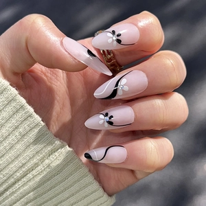 Press On Nails Almond Shape Black White Floral Stripe Patterns Micro Rhinestones Glossy Artificial False Nails For Women