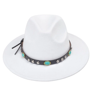 White felt cowboy hat with turquoise western band and silver studs on a white background