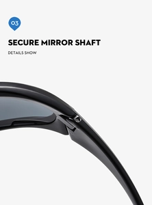 Close-up of secure mirror shaft and hinge detail on black Y2K futuristic sunglasses