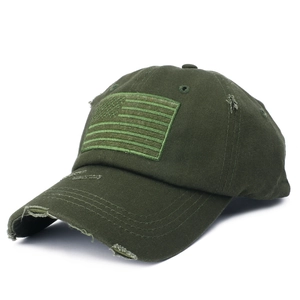 Distressed olive green baseball cap with embroidered American flag patch on washed cotton