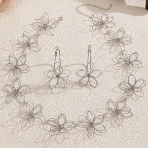 Close-up of silver hollow floral jewelry set featuring a necklace and earrings on a textured base