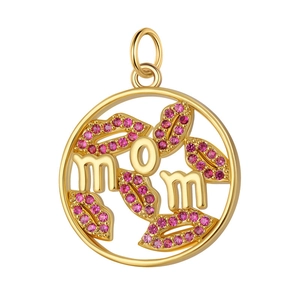 Detail of a gold circular MOM pendant with pink zircon lip accents and hollow design