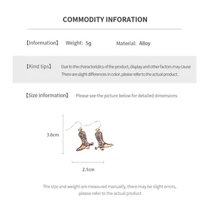 Size chart for vintage cowboy boot earrings in alloy with detailed engraved pattern