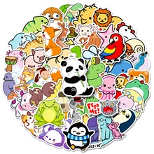 Pile of colorful cartoon animal stickers featuring panda, fox, penguin, and frog designs