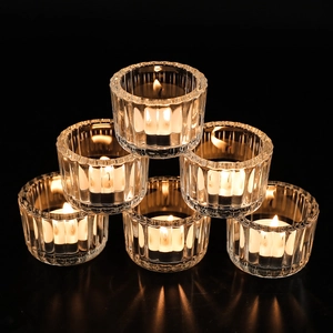 Vertical ribbed crystal glass candle holder set of 6 with warm glowing tealights
