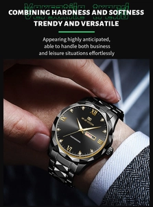Close-up of a men's quartz watch with black sunray dial and gold markers on wrist