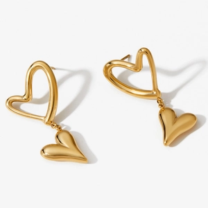 Elegant gold heart layered drop earrings with a polished mirror finish for women