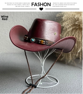 Detail of wine red western cowboy hat with turquoise beads and adjustable chin strap