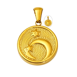 Golden titanium steel celestial pendant featuring star, moon, and sun relief patterns