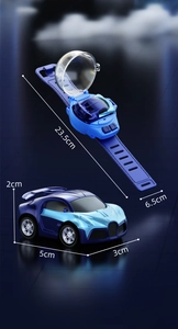 Blue mini RC car watch toy dimensions showing 23.5cm strap and 5cm alloy racing car