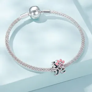 Silver mesh bracelet with S925 Family buckle and pink enamel heart paw print charm