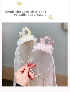 Detail of girls' crown headbands with flowing tulle, star sequins and pearl accents
