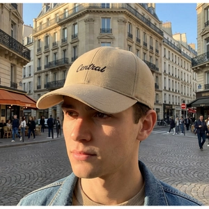 Gros plan d'une casquette de baseball kaki avec broderie Central sur un mannequin homme