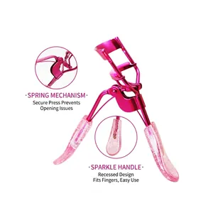 Rose red metal eyelash curler with ergonomic glitter handle and spring-loaded design
