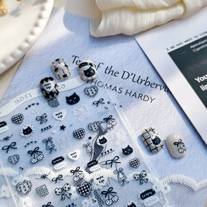 Autocollants Ongles Auto Adhésifs Minimaliste Noeud Noir Chat Mignon Coeur Motif Damier Décoration Manucure DIY
