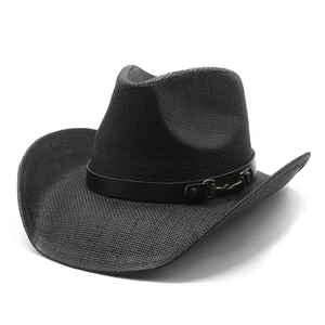 Black western cowboy straw hat with leather band and horseshoe buckle for men and women