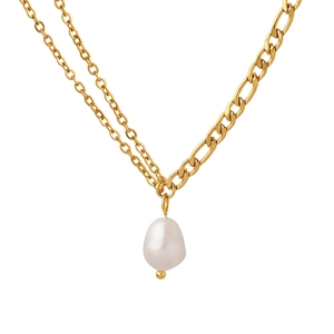 Baroque Freshwater Pearl Pendant Necklace Titanium Steel 18K Gold Plated Double Layer Figaro Chain For Women