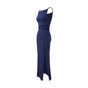 Detail of navy blue sleeveless dress featuring a high side slit and ruched waist design
