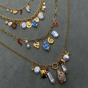 Stainless Steel Necklace With Artificial Baroque Pearl Shell Ceramic Beads Multi Charm Waterproof Hypoallergenic Beach Jewelry Women